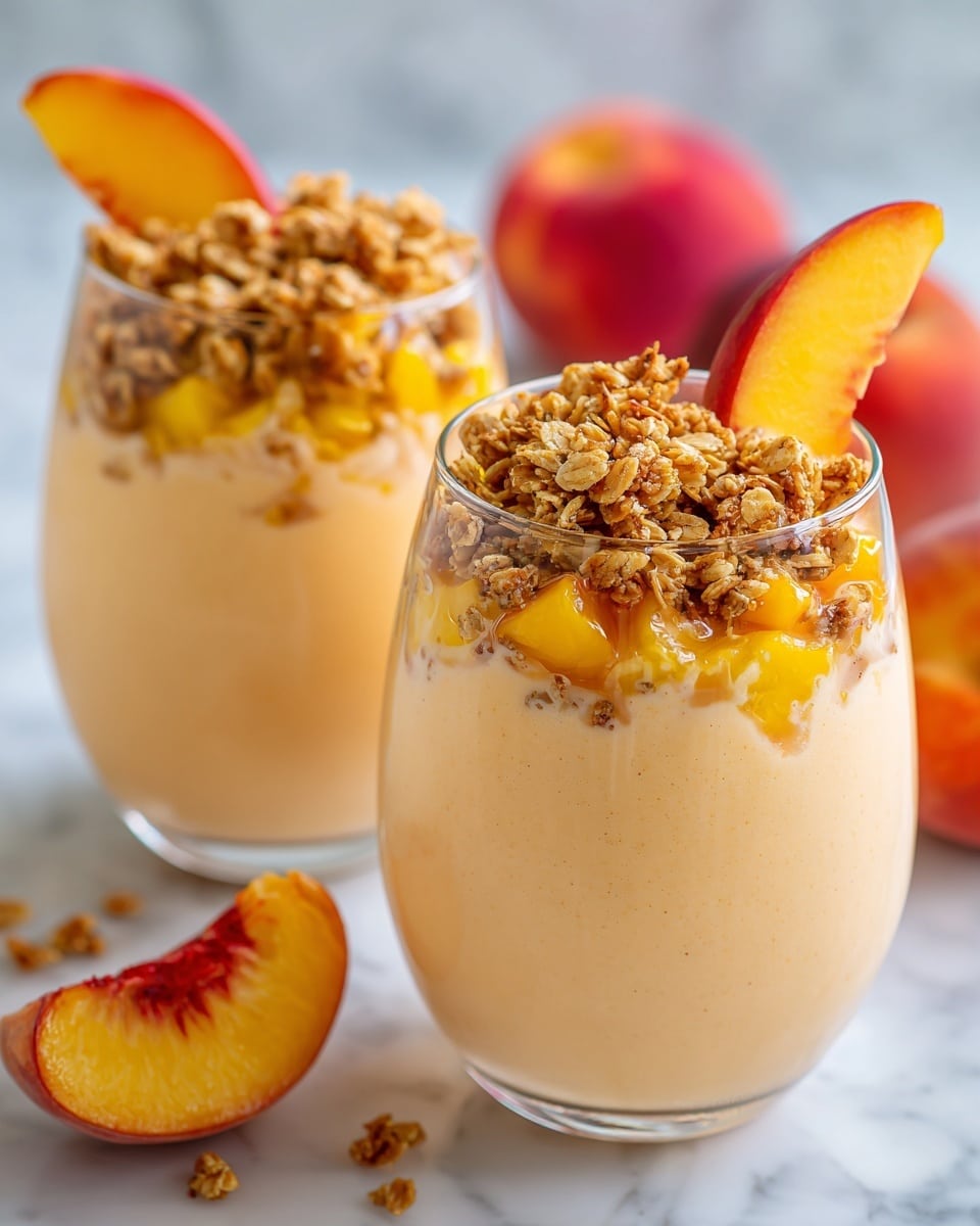 Two clear glasses filled with a smooth creamy peach smoothie serve as the main focus. Each glass shows two main layers: a light orange smoothie base that is thick and creamy, topped with clusters of golden brown granola and small bright yellow and orange peach chunks scattered on top. A fresh peach slice with red and orange hues rests on the rim of each glass, adding a fresh pop of color. The glasses are placed on a white marbled surface with some blurred peaches visible in the background. The overall look is bright and inviting. photo taken with an iphone --ar 4:5 --v 7