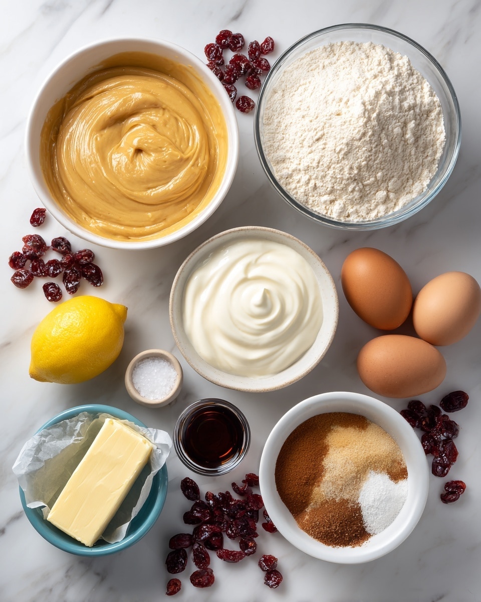 The image shows various baking ingredients arranged neatly on a white marbled surface. There is a clear bowl filled with flour in the top right, a white bowl filled with a smooth tan batter on the top left, and a smaller white bowl with sour cream-like white cream below the flour. Next to the cream is a bright yellow lemon. Nearby are two brown eggs with a small clear white bowl containing salt, and another small white cup filled with dark liquid, likely vanilla. To the bottom left is a stick of butter partially wrapped in wax paper, with a small blue bowl filled with a mix of cinnamon and sugar. Around these ingredients are red dried cranberries scattered on the surface. Photo taken with an iphone --ar 4:5 --v 7