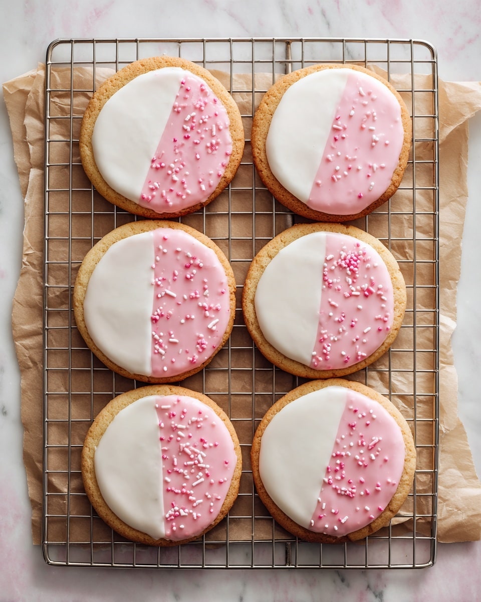 The image shows six round cookies arranged on a silver cooling rack over crumpled brown parchment paper, all placed on a white marbled surface. Each cookie has two distinct halves of icing on top: one half is smooth white icing, and the other half is pink icing with small, darker pink bits scattered throughout, giving it a textured look. The cookies are golden brown around the edges and have a soft, slightly thick base. The icing split is neat and straight down the middle of each cookie. photo taken with an iphone --ar 4:5 --v 7