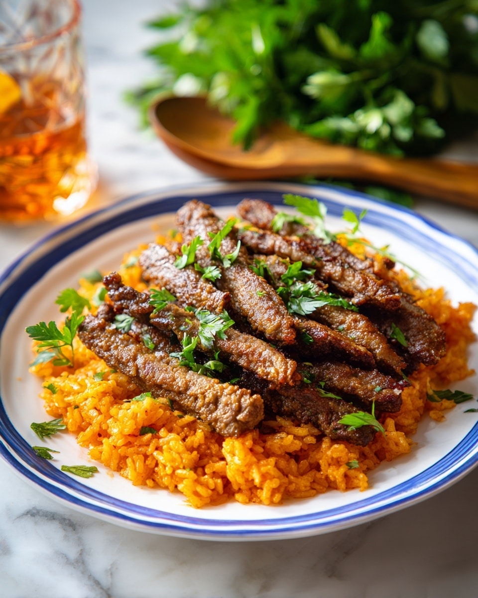 This image shows a white plate with a blue rim filled with orange rice at the bottom. On top of the rice are several long, thin strips of cooked meat that are brown with a slightly rough texture. The dish is garnished with small green herbs sprinkled over the meat. The plate is placed on a white marbled surface, and in the background, there is a bunch of green leafy parsley and a transparent glass of amber-colored drink. A wooden spoon is also partly visible behind the parsley. The lighting is bright and natural, emphasizing the colors and textures of the food. Photo taken with an iphone --ar 4:5 --v 7