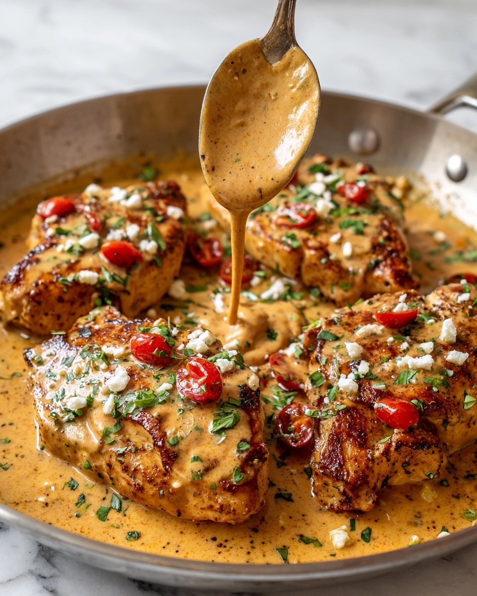 This image shows four thick, seasoned pieces of cooked chicken, arranged closely in a pan with an orange creamy sauce poured over them. The sauce is smooth and rich, covering most of the chicken pieces and pooling slightly around them. Small red cherry tomato pieces are scattered on top, along with chopped green herbs and tiny shreds of white cheese. A spoon held by a woman's hand is in the top left corner, lifting creamy sauce to drizzle on the chicken. The background and surface are white with a soft marbled texture. photo taken with an iphone --ar 4:5 --v 7