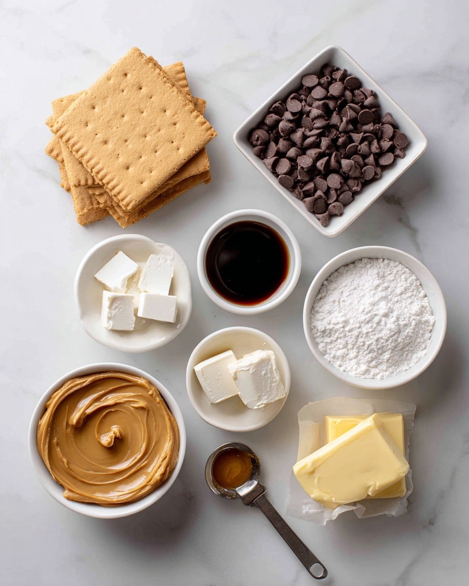 The image shows an arrangement of seven ingredients on a white marbled surface, each labeled clearly in black text. At the top left, there are 14 light brown graham cracker sheets stacked neatly. To the right, a white square bowl is filled with dark brown semi-sweet chocolate chips. Below the crackers, a small white bowl holds four tablespoons of white shortening. Next to it, a small white round bowl contains a dark brown liquid vanilla extract. Toward the center right, a white square bowl is filled with 3 1/2 cups of white powdered sugar. Below that, an open wrapper reveals 8 tablespoons of pale yellow butter. On the bottom left, a white bowl is full of creamy peanut butter, light brown in color, smooth in texture. A metal measuring spoon holding 1/2 teaspoon of salt rests nearby. The photo has bright, natural lighting, and everything is set on the clean white marbled surface. Photo taken with an iphone --ar 4:5 --v 7