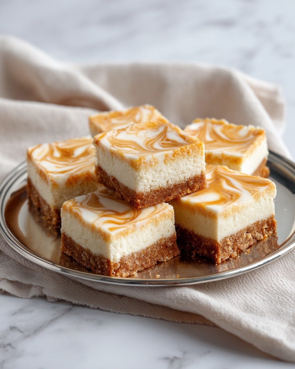 The image shows six square dessert bars arranged neatly on a shiny silver tray. Each bar has two layers: a thicker bottom layer that looks crumbly and brown, and a thicker top layer that is creamy white with light orange swirls spread across in a wavy pattern. The bars are placed close together, sitting on a light beige cloth next to the tray, all set on a white marbled surface with soft lighting around. Photo taken with an iphone --ar 4:5 --v 7