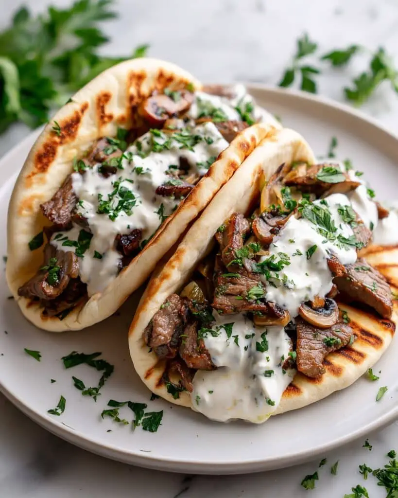 Cheesy Beef and Mushroom Pita Pockets with Tzatziki Sauce Recipe
