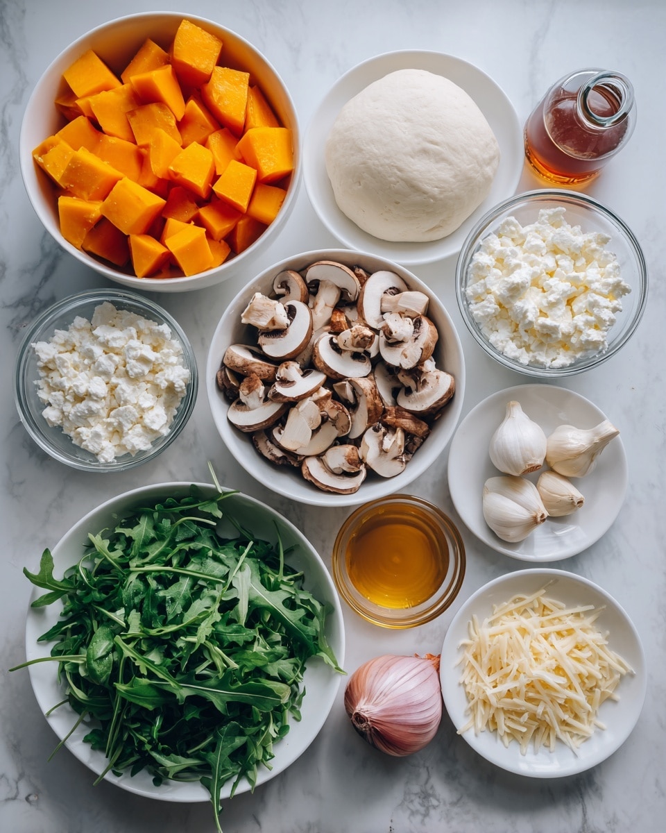 The image shows ingredients laid out on a white marbled surface, arranged neatly in clear white bowls and plates. There is a bowl of bright orange butternut squash cubes, a bowl filled with light brown sliced mushrooms, a small bowl of crumbled white feta cheese, and a pile of fresh green arugula leaves. A white ball of pizza dough sits alongside a cluster of peeled garlic cloves and a whole red onion. A small transparent bottle of hot honey stands upright near a bowl of golden oil, and some shreds of pale yellow parmesan cheese complete the set. Each item is spaced evenly in a circular pattern, creating an organized and colorful display. Photo taken with an iphone --ar 4:5 --v 7