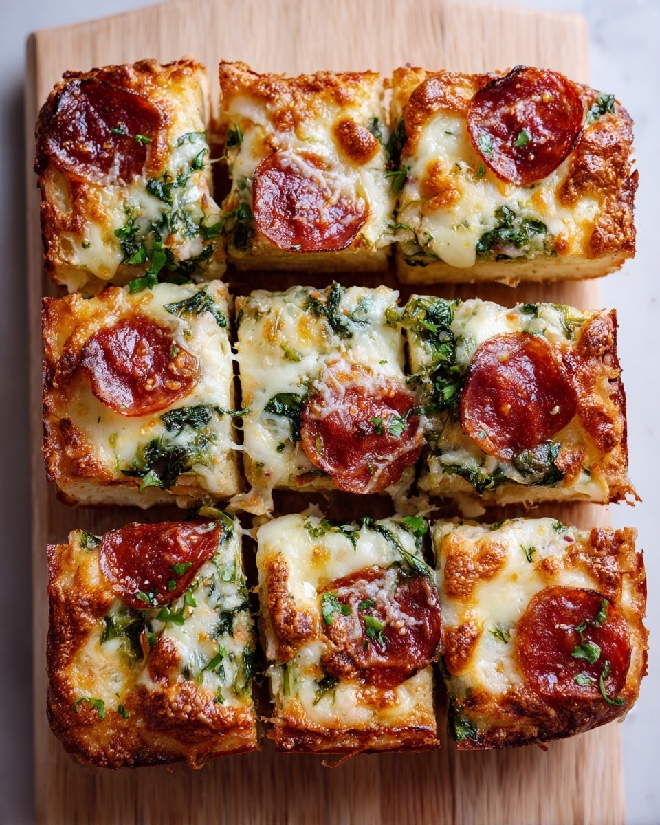 The image shows six rectangular pieces of cheesy baked rolls placed closely in a straight line on a light wooden board. Each roll has a top layer of melted golden cheese, lightly browned in spots, with slices of pepperoni scattered on top. Beneath the cheese layer, the rolls show hints of a green leafy herb or spinach peeking out at the edges. The texture looks soft but well cooked, with some areas having a slight crispy edge. The wooden board beneath them has a light natural wood grain pattern. Photo taken with an iphone --ar 4:5 --v 7