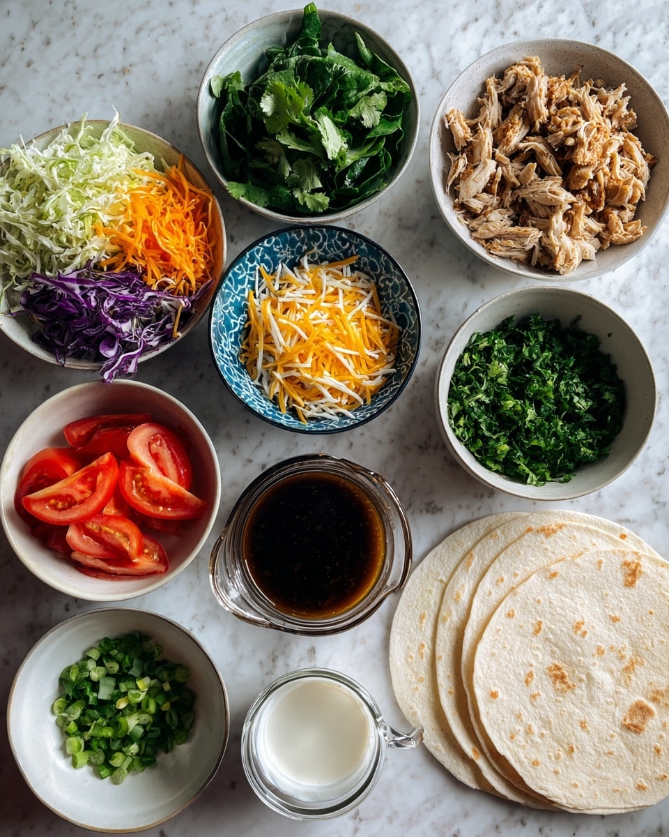 The image shows an overhead view of multiple small white bowls and a flat white plate arranged on a white marbled surface. One bowl contains shredded cabbage mix with thin green, orange, and purple strips. Another bowl holds fresh chopped romaine lettuce with dark green leaves. A blue patterned bowl sits in the middle with shredded yellow and white cheese. There is a bowl with chopped chicken pieces seasoned with herbs. Another bowl holds fresh chopped green cilantro, while a white bowl next to it contains chopped green onion rounds. A small white bowl has a smooth white sauce, and a clear measuring cup is filled with a dark brown liquid sauce. Two whole wheat flatbreads lie flat beside the bowls, and a few sliced tomato wedges rest on the surface between the bowls. Photo taken with an iphone --ar 4:5 --v 7