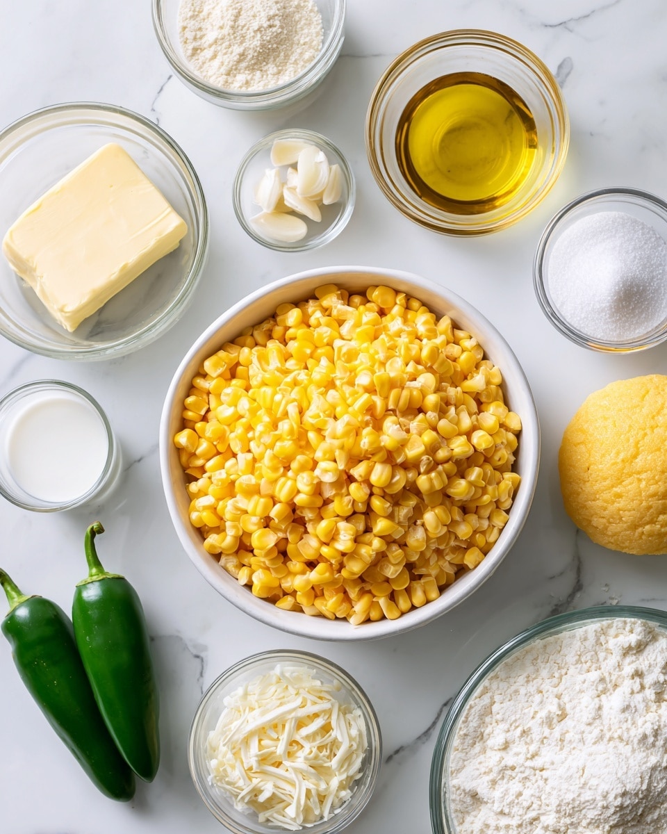 A top-down view of a white bowl filled with bright yellow cooked corn sitting on a white marbled surface. Surrounding the bowl are small clear glass containers and white bowls with different ingredients: a small glass container of golden oil, a yellow rounded spoon of butter, a clear glass bowl of white sugar, a small white bowl of milk, a tiny glass container of salt, a small white bowl of white garlic pieces, a small white bowl of pale yellow corn flour, a small white bowl of white self-rising flour, and a white measuring cup filled with shredded white mozzarella cheese. Two small fresh green jalapeños rest near the bowls. All items are neatly arranged with visible labels above each container. Photo taken with an iphone --ar 4:5 --v 7