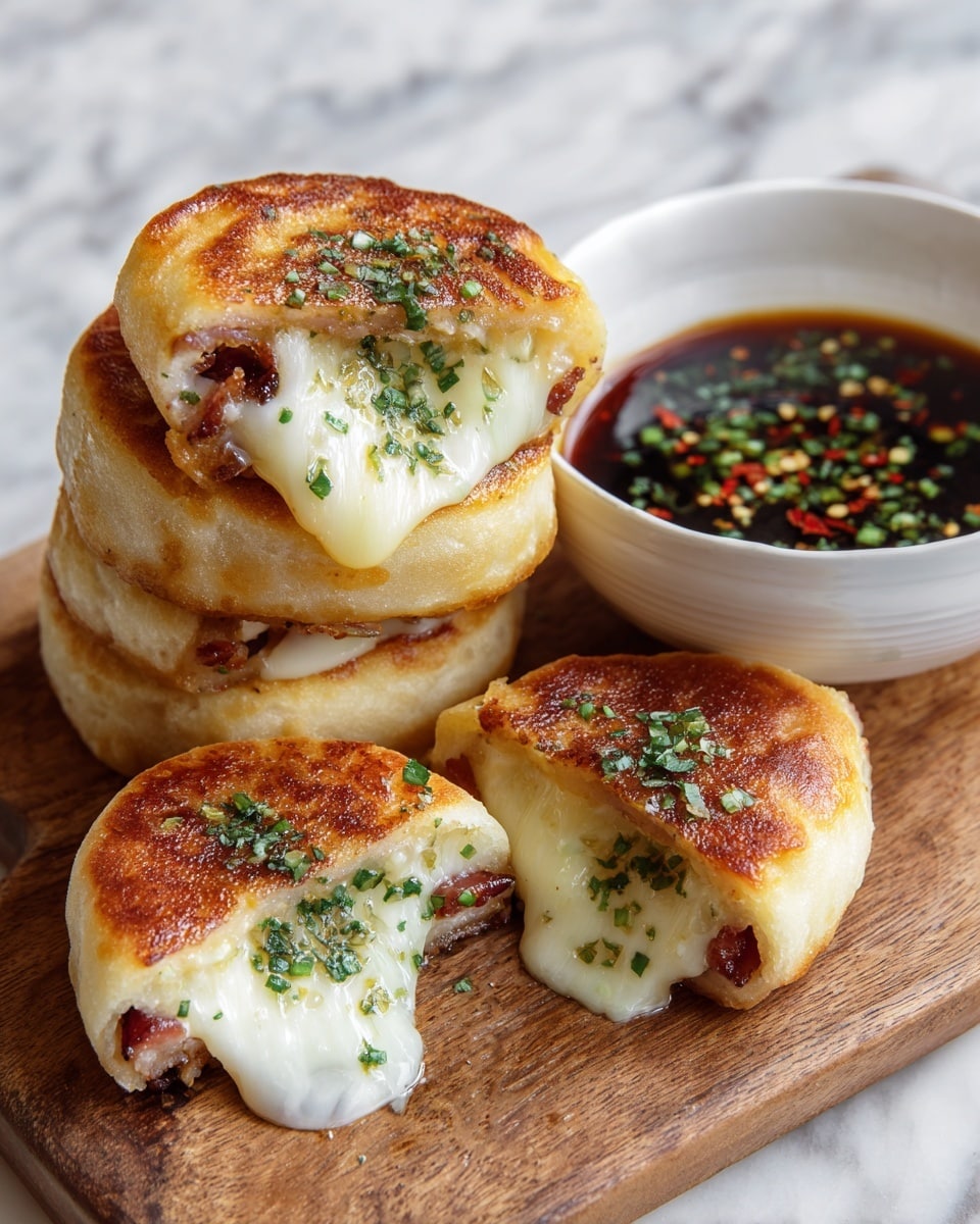 The image shows four golden brown patties stacked closely on a wooden board, each cut in half to reveal two layers inside: a melted white cheese layer and a crispy bacon layer underneath. The patties have a slightly crunchy and browned outside with a soft, yellowish texture inside. The cheese is oozy and stretches between the halves, and small green herb bits are sprinkled on top, adding a fresh look. Next to the board is a white bowl filled with dark soy sauce topped with green herbs and red flakes, all set on a white marbled surface. photo taken with an iphone --ar 4:5 --v 7