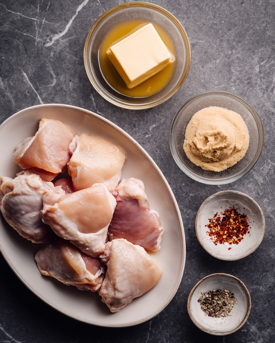 The image shows an oval white plate filled with raw chicken thighs, light pink with some white fat edges, placed on a dark marbled surface. Above the plate, there is a small glass bowl with a thick piece of yellow butter. To the right, there are three more small glass bowls arranged vertically: the top one has a thick dollop of light tan white miso paste, the middle one holds a mound of light brown sugar, and the bottom one contains clear seasoned rice vinegar. In the upper right corner, a small white bowl holds a mix of ground black pepper, red pepper flakes, and ground ginger. The overall setting is neat, with the bowls and plate spaced evenly on the dark marbled surface. Photo taken with an iphone --ar 4:5 --v 7