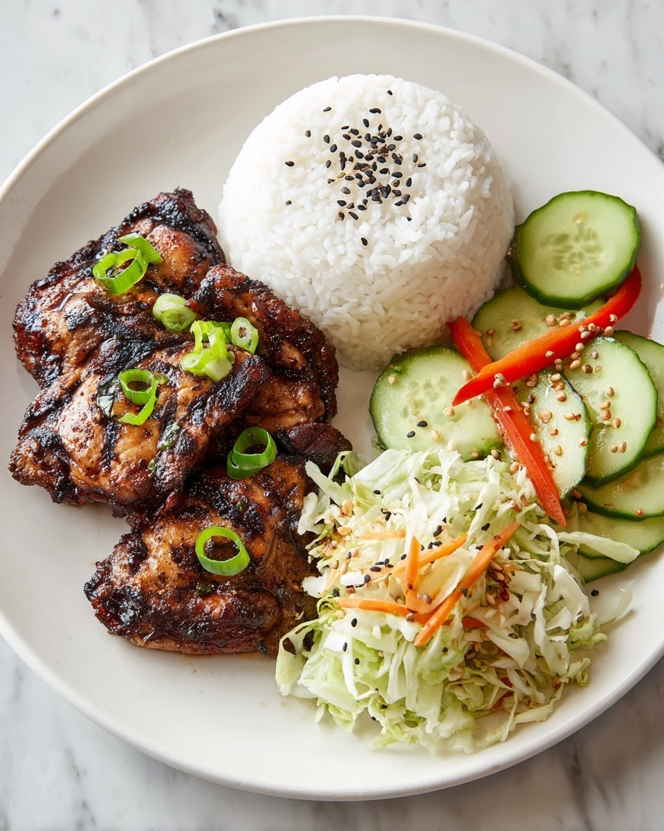 The dish is presented on a white round plate placed on a white marbled surface. The plate holds three main parts: two grilled pieces of dark brown chicken with char marks and garnished with small slices of green onions, a neatly shaped dome of white rice with visible grains in the top center, and a colorful salad on the right side. The salad consists of thinly shredded pale green cabbage mixed with sliced cucumber rounds, thin strips of orange bell pepper, and sprinkled with black sesame seeds. Photo taken with an iphone --ar 4:5 --v 7