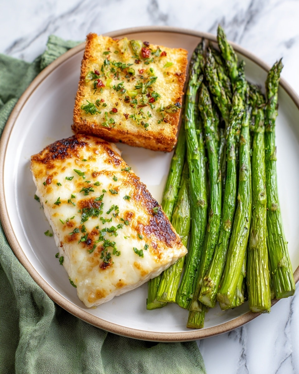 On a white plate with a light brown rim, there is a piece of grilled fish topped with a golden brown melted cheese layer, positioned on the bottom right. To its left, bright green asparagus spears with hints of char marks are neatly arranged in a bunch. Above them, a square piece of light golden, crispy bread with small green and red herb bits sits. The plate rests on a white marbled surface with a green cloth visible on the bottom left. Photo taken with an iphone --ar 4:5 --v 7