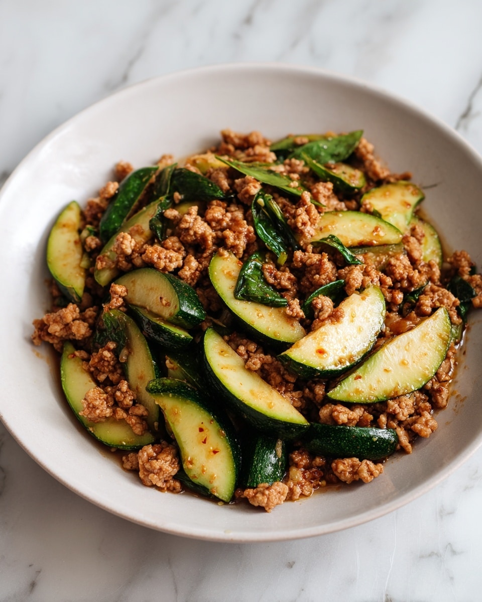 The dish shows a mix of light brown cooked ground meat and green zucchini slices on a white plate. The zucchini pieces are cut into thick half-moons with a soft texture and some shine from cooking oil or sauce. The ground meat is scattered evenly throughout, appearing crumbly and moist. Small bits of green herbs or spinach leaves are mixed in with the meat and zucchini, adding an extra layer of color and texture. The dish has a warm, slightly oily look and sits on a white marbled surface. photo taken with an iphone --ar 4:5 --v 7