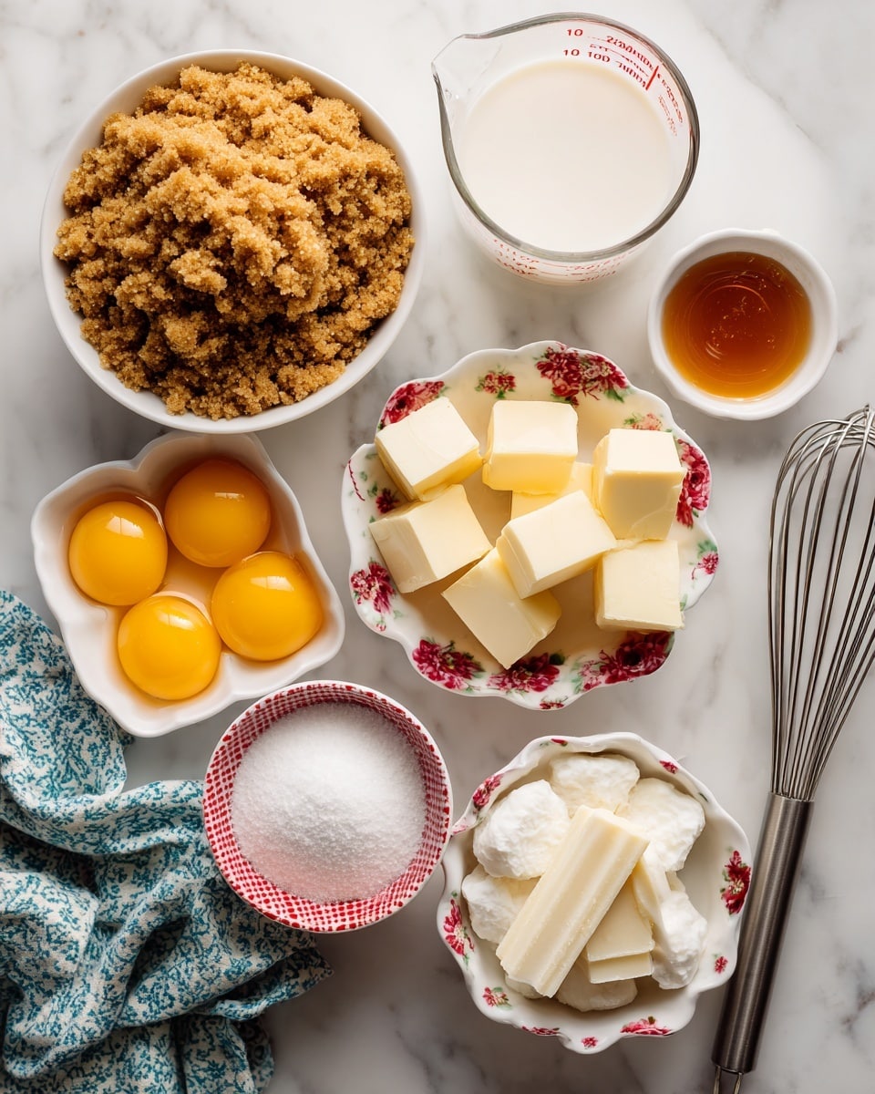 The image shows a group of ingredients arranged on a white marbled surface. In the back center, there is a clear measuring cup filled with milk, marked with red measurements. To its left, a white bowl is filled to the top with packed brown sugar, showing a rough and crumbly texture. Next to it is a small white ramekin holding a fine white powder, likely salt or sugar. In front of the measuring cup, a patterned white cup holds six separated bright yellow egg yolks. To the right of the yolks, a white bowl with a floral pattern contains pale yellow butter sticks, neatly cut. In front of the butter, a small white bowl with a red checkered pattern is filled with white powdered sugar or cornstarch. A clear small bowl with amber-colored vanilla extract sits near the brown sugar. On the right side of the image is a metal whisk resting on a crumpled blue patterned cloth. The overall setup is clean with all items neatly placed and ready for baking. photo taken with an iphone --ar 4:5 --v 7