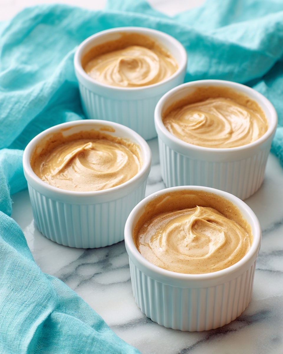 Four small white ramekins filled with a smooth, light tan pudding-like dessert are placed close together on a surface with a white marbled texture. Each ramekin is filled nearly to the top with the creamy, glossy dessert, which has soft swirls on its surface. The ramekins have a ribbed texture on the outside and are arranged in a casual cluster with a soft turquoise fabric blurred in the background. Photo taken with an iphone --ar 4:5 --v 7