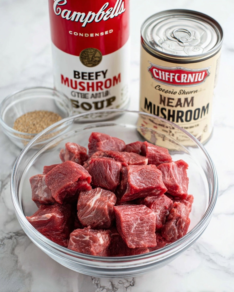 A clear glass bowl filled with raw, deep red beef chunks with visible marbling sits in the bottom center of the image. Behind the bowl, there are two cans of Campbell's soup: the left one labeled