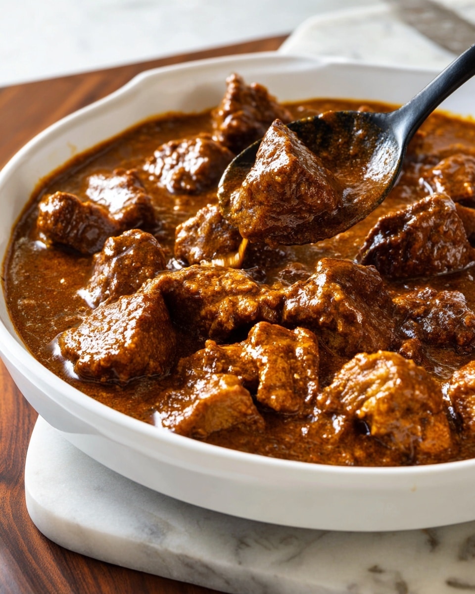 The image shows a white dish filled with thick brown gravy covering chunks of cooked meat. The meat pieces are irregular in shape, coated well with the shiny, smooth gravy that has a slightly bubble-textured surface. A black spoon is scooping some of the gravy and meat from the dish. The dish rests on a white marbled surface with a dark wooden edge visible at the bottom. The rich sauce contrasts with the tender-looking meat, making the dish look warm and hearty. photo taken with an iphone --ar 4:5 --v 7