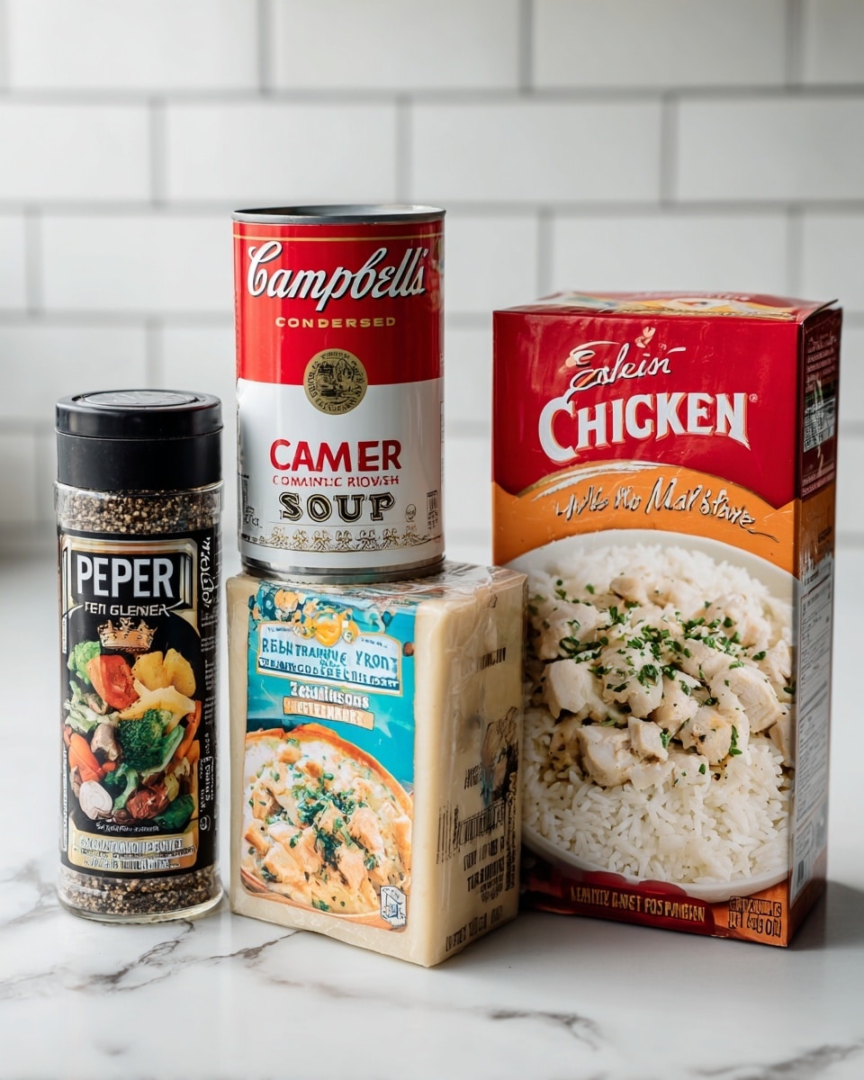 The image shows four food items lined up side by side on a white marbled surface with a white tiled wall background. From left to right, there is a tall container of black pepper with a black label featuring images of vegetables and the word