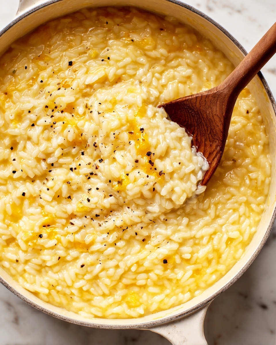 A close-up view of a white pot filled with creamy yellow risotto, showing soft and plump rice grains mixed evenly throughout. The risotto has a smooth and slightly shiny texture with tiny black specks of pepper scattered on top. A wooden spoon is partially dipped into the risotto on the right side, lifting some of the rice. The pot sits on a white marbled surface, and the handle of the pot is visible on the bottom right. photo taken with an iphone --ar 4:5 --v 7
