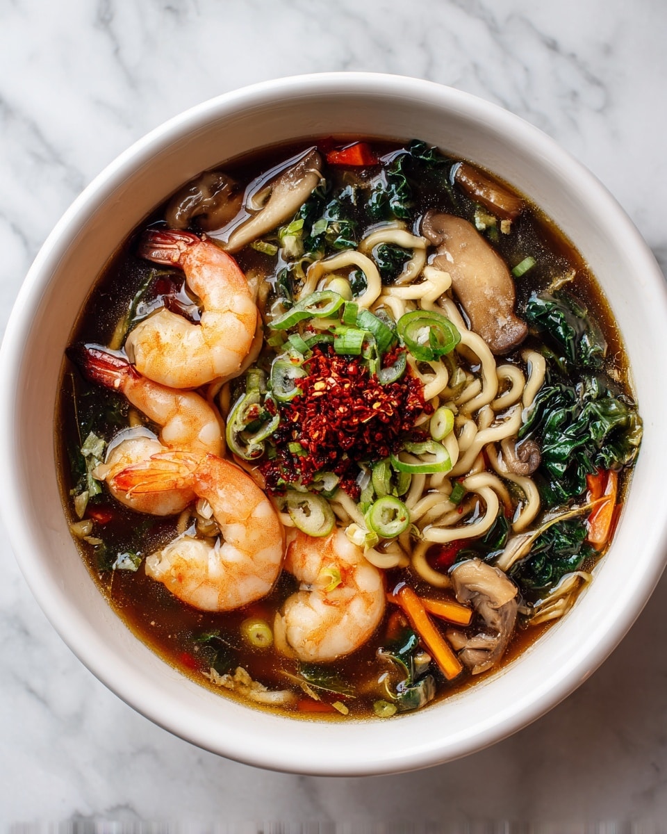A white bowl holds a shrimp noodle soup with three large pinkish-orange shrimp placed around the edge, resting on a bed of light-colored curly noodles in dark broth. Bright green sliced scallions and dark green leafy vegetables float near the noodles. There are a few pieces of light brown mushroom and thin yellow-orange carrot strips scattered throughout. At the center, a small pile of red chili flakes adds a pop of color on top of the noodles. The whole scene is against a white marbled surface. photo taken with an iphone --ar 4:5 --v 7