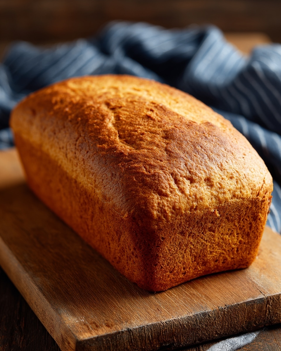 The image shows a single loaf of golden-brown bread placed on a wooden cutting board. The loaf has a slightly rough, cracked crust on top with a darker brown bottom edge, indicating it is baked well. The texture looks soft but firm, and the bread is rectangular with rounded edges. In the background, there is a blurred blue-striped cloth. The overall setting gives a warm, homemade feel. Photo taken with an iphone --ar 4:5 --v 7