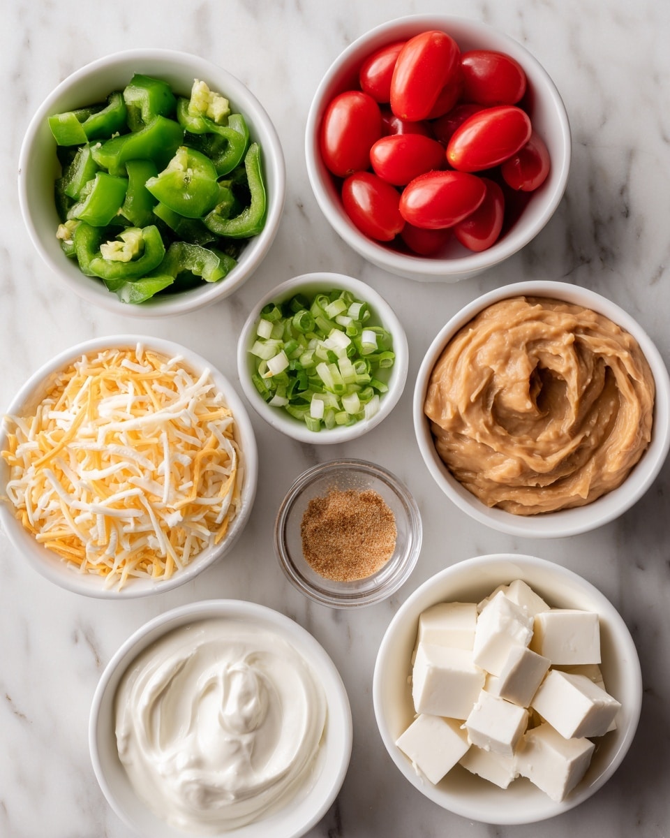 Seven small white bowls with different ingredients are placed on a white marbled surface. Starting from the top left, the first bowl holds chopped green chiles with a soft texture. To its right is a bowl filled with halved bright red cherry tomatoes showing juicy interiors. Above the center is a small bowl of finely chopped green onions with vibrant green and white pieces. On the mid right, a bowl contains smooth, thick refried beans with an even light brown color and some swirled texture on top. Below the green chiles, there is a bowl packed with a heap of shredded pale yellow cheese. In the middle bottom section, a bowl holds thick, swirled white sour cream. To the right of the sour cream, there is a small bowl of finely ground golden brown taco seasoning. Lastly, on the far right bottom, a bowl shows irregular cubes of white cream cheese. Photo taken with an iphone --ar 4:5 --v 7