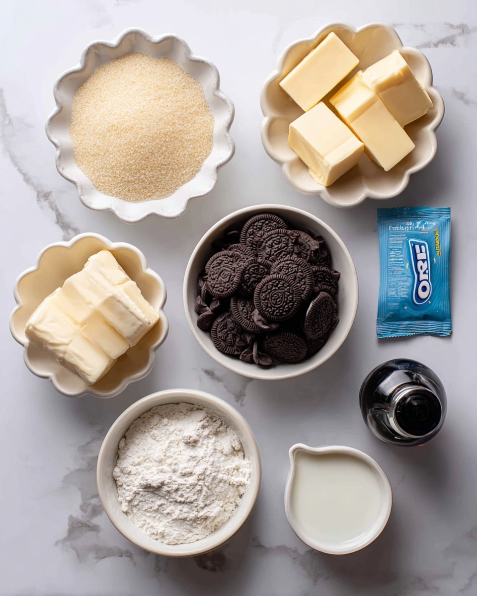 The image shows several small white bowls and a packet placed on a white marbled surface. One bowl holds light brown and white sugar mixed together, another bowl contains pale yellow butter slices on a white dish. A white scalloped bowl is filled with dark brown chocolate chips. There is also a bowl with white dry ingredients, likely flour and baking powder. A small amount of milk is in a tiny white bowl. A blue packet of Oreos lies next to a dark bottle of vanilla extract with a black cap. The arrangement is neat with each item clearly labeled. Photo taken with an iphone --ar 4:5 --v 7