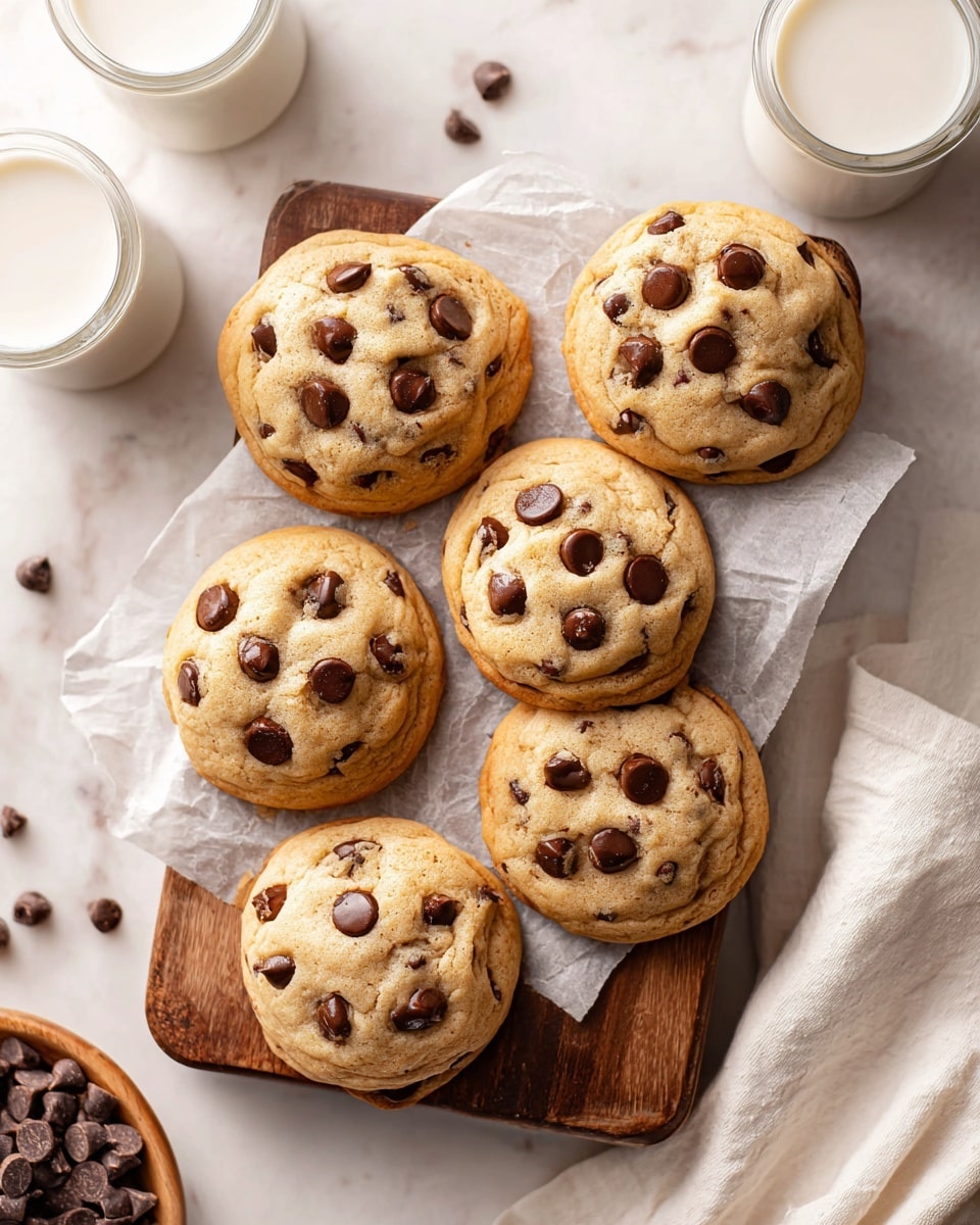 Six round chocolate chip cookies with a light golden brown color and soft texture are placed on white parchment paper on top of a wooden board. Each cookie is dotted with several shiny dark brown chocolate chips, some slightly melted. Around the cookies, a few loose chocolate chips scatter on the parchment paper. Two white cups filled with milk sit near the wooden board on a white marbled surface. The overall scene is cozy and inviting, showing a close-up of the cookies and milk. photo taken with an iphone --ar 4:5 --v 7