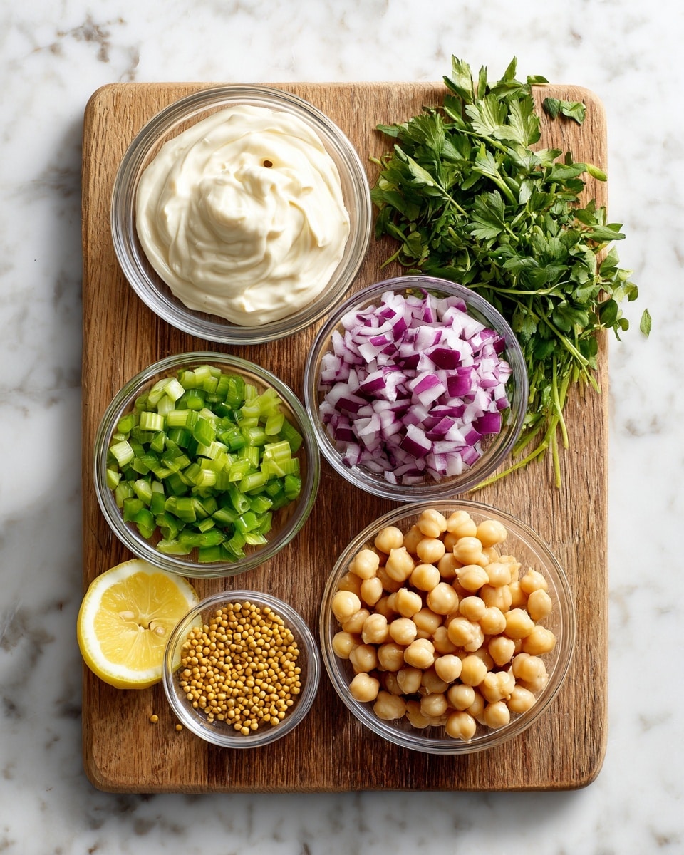 A wooden board on a white marbled surface holds six groups of ingredients arranged neatly. In the top left, a small clear glass bowl contains smooth, creamy white sauce. To the right of it, another small clear glass bowl is filled with chopped purple and white onion pieces. Below these bowls, a lemon wedge with a bright yellow rind rests beside chopped green celery pieces at the bottom left. In the center, a small clear glass bowl is filled with small golden round mustard seeds. On the right side, a pile of light beige chickpeas sits below a bunch of fresh, chopped green herbs placed at the top right. The scene is bright and clean. photo taken with an iphone --ar 4:5 --v 7