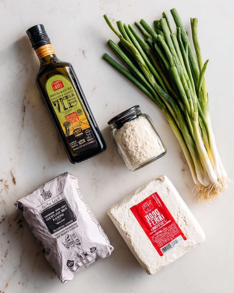 The image shows five cooking ingredients neatly arranged on a white marbled surface. On the top left is a dark green bottle of organic extra virgin olive oil with a yellow and red label. Next to it in the center top is a small clear jar with a black lid containing light beige garlic powder. On the top right, there is a bunch of green onions with bright green stalks and white bases. At the bottom left, a light purple and white bag of cornstarch is placed flat with black and red text on the label. On the bottom right is a white package of firm tofu with a red label. Each ingredient is clearly labeled with black text on white rectangles below them. photo taken with an iphone --ar 4:5 --v 7