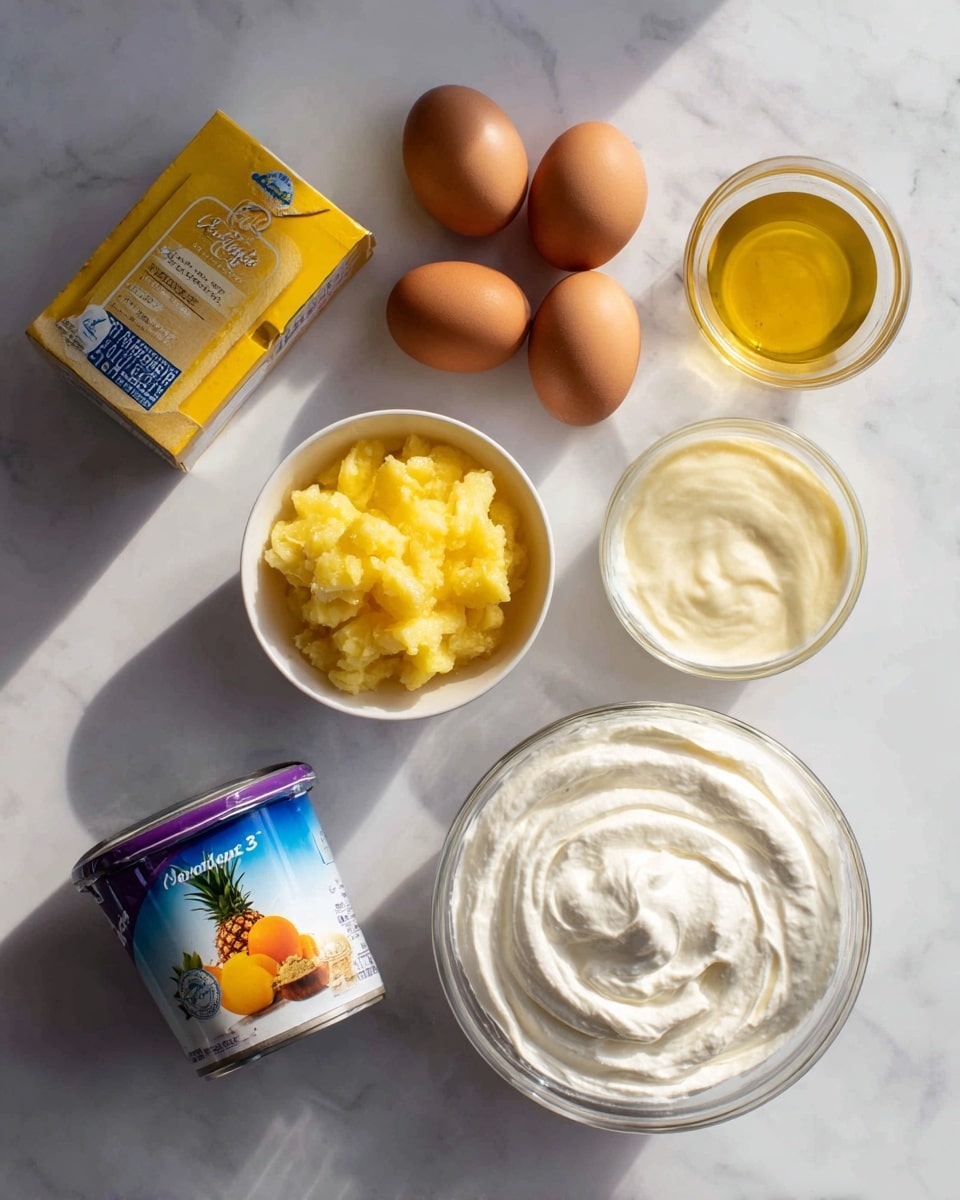 A flat lay image shows various baking ingredients arranged neatly on a white marbled surface. There is a box of yellow cake mix on the upper left, three brown eggs in the center, and a small clear bowl of vegetable oil on the upper right. Below, from left to right, is a white bowl with bright yellow crushed pineapple, a container of vanilla pudding with a blue and white label, a can of mandarine oranges with a purple label, a round clear bowl with light yellow pineapple juice, and a white bowl filled with smooth whipped topping. The lighting is soft and natural, evenly lighting the colorful ingredients. Photo taken with an iphone --ar 4:5 --v 7