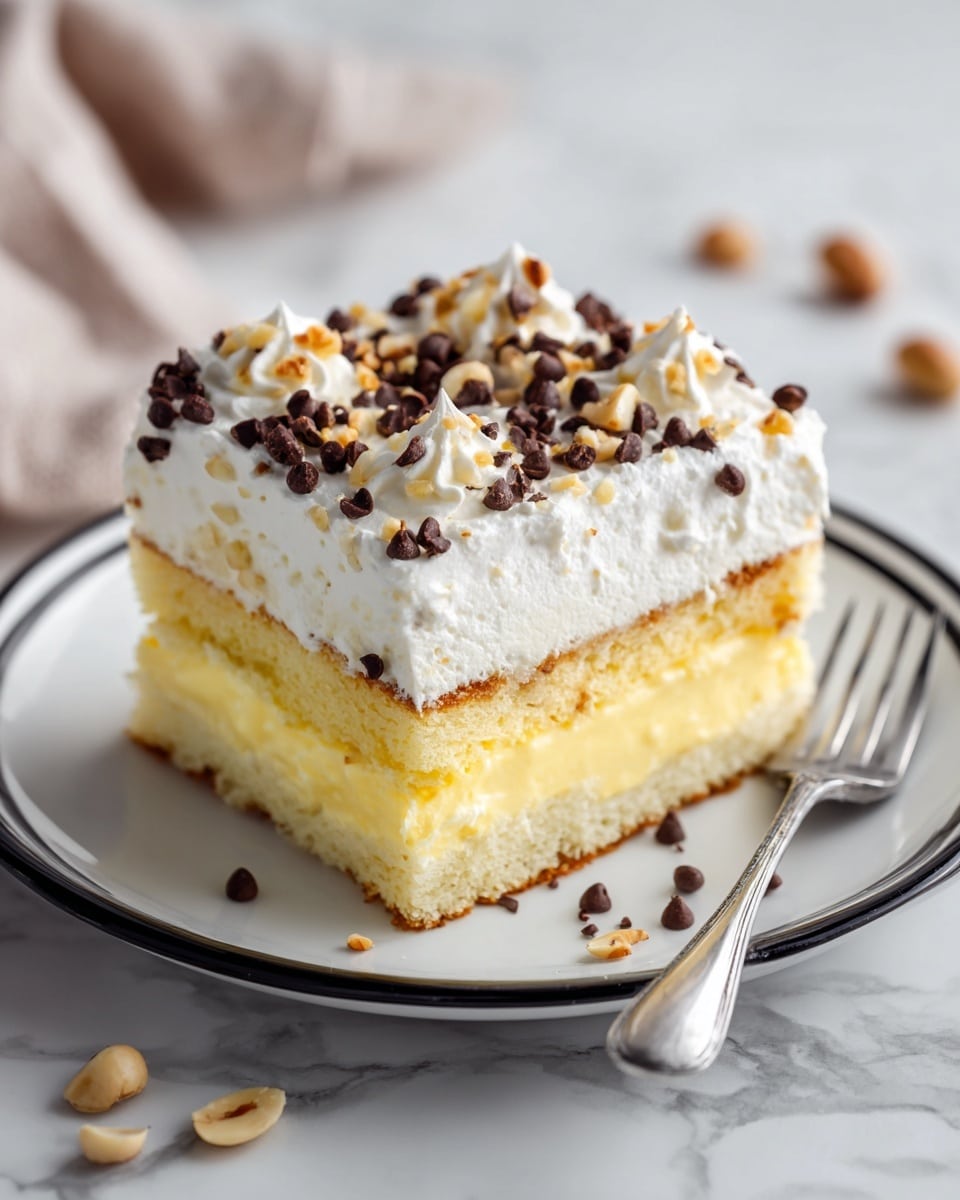 A square piece of cake sits on a white plate with a black rim placed on a white marbled surface. The cake has three layers: the bottom layer is a light yellow sponge, the middle layer is creamy and pale yellow, and the top layer is thick white whipped cream. The top is sprinkled with small dark chocolate chips and light brown chopped nuts. A silver fork lies to the right of the plate on the surface, and some nuts are scattered nearby. photo taken with an iphone --ar 4:5 --v 7