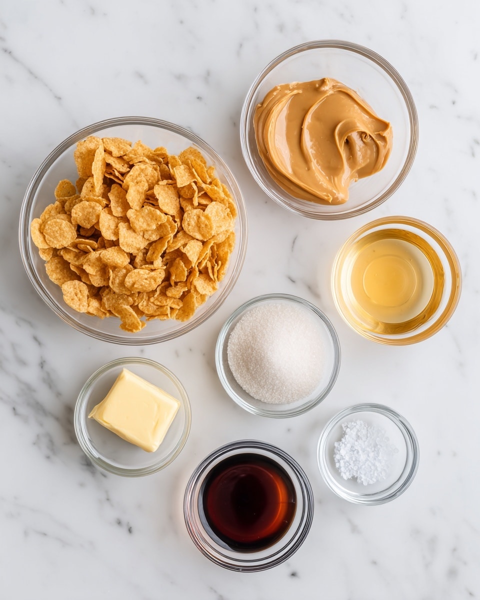 The image shows six small clear glass bowls arranged in a loose circle on a white marbled surface. In the bottom left is a bowl filled with light golden cornflakes, their crispy texture visible. Above it and slightly to the right is a bowl with smooth, light brown peanut butter. To the right of the peanut butter is a small clear bowl with pale yellow corn syrup. At the rightmost side sits a bowl filled with white granulated sugar, showing fine grain texture. Below the corn syrup is a small dollop of pale yellow butter placed directly on the surface. Below the butter to the right is a tiny clear bowl holding dark brown vanilla extract, and to its left is a very small pile of fine white salt directly on the surface. All elements are evenly spaced and neatly presented. Photo taken with an iphone --ar 4:5 --v 7