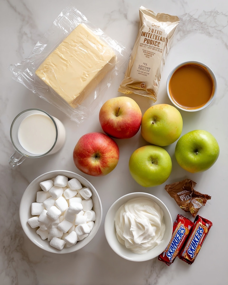 The image shows all the ingredients neatly placed on a white marbled surface. There is a clear glass cup of milk on the top left, a block of cream cheese wrapped in plastic next to a small beige packet of instant vanilla pudding. At the top right, there is a small white bowl filled with caramel sauce. Below these are five apples of different colors: two green, one yellow-green, one red, and one red-yellow. On the bottom left, a small white bowl is filled with white marshmallows. Next to it, a larger white bowl is filled with creamy white cool whip. Two small Snickers candy bars are placed near the milk, and all items are well spaced, showing a clean, organized layout photo taken with an iphone --ar 4:5 --v 7