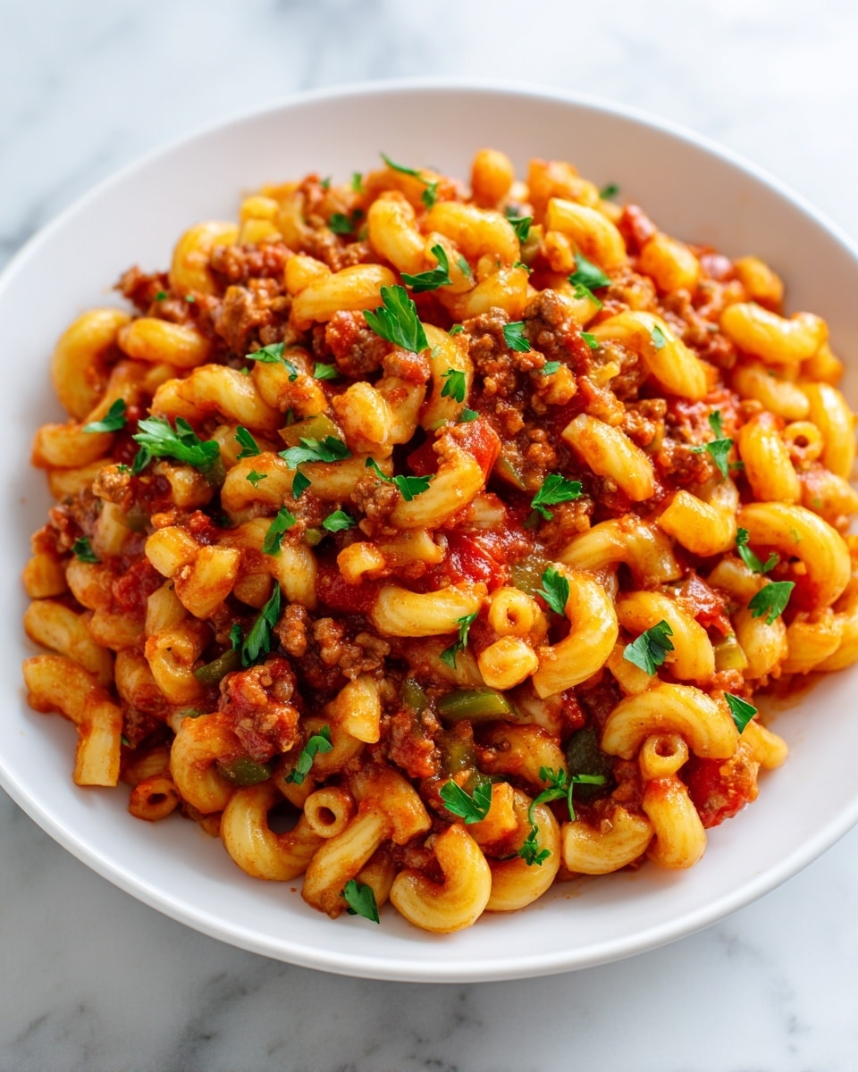 A white plate filled with three layers of thick elbow macaroni mixed with a rich red tomato sauce that has visible small chunks of ground meat and pieces of green bell pepper. The pasta is light yellow with a slightly soft texture, coated evenly in the tomato sauce that has a shiny, moist look. Scattered fresh green parsley leaves sit on top and within the dish, adding bright green accents. The plate rests on a white marbled surface with soft, natural light coming from the side. Photo taken with an iphone --ar 4:5 --v 7