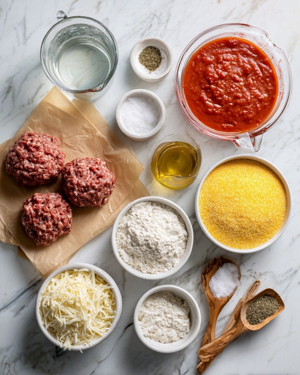 A collection of ingredients arranged neatly on a white marbled surface includes a large glass container filled with clear water positioned at the top left, a clear measuring cup of bright red pizza sauce at the top right, and a white bowl filled with yellow cornmeal to the right of the sauce. Two raw meat portions, one ground beef and the other Italian sausage, rest on brown parchment paper near the center. A small white bowl with granulated sugar and a similarly sized bowl with coarse white salt, each with a wooden spoon, lie to the right. Additional smaller bowls hold dried Italian seasoning and yeast, and larger white bowls contain shredded mozzarella, dry milk powder with a wooden scoop, and all-purpose flour, also with a wooden scoop. There is a small glass container of light golden virgin olive oil near the bottom center photo taken with an iphone --ar 4:5 --v 7