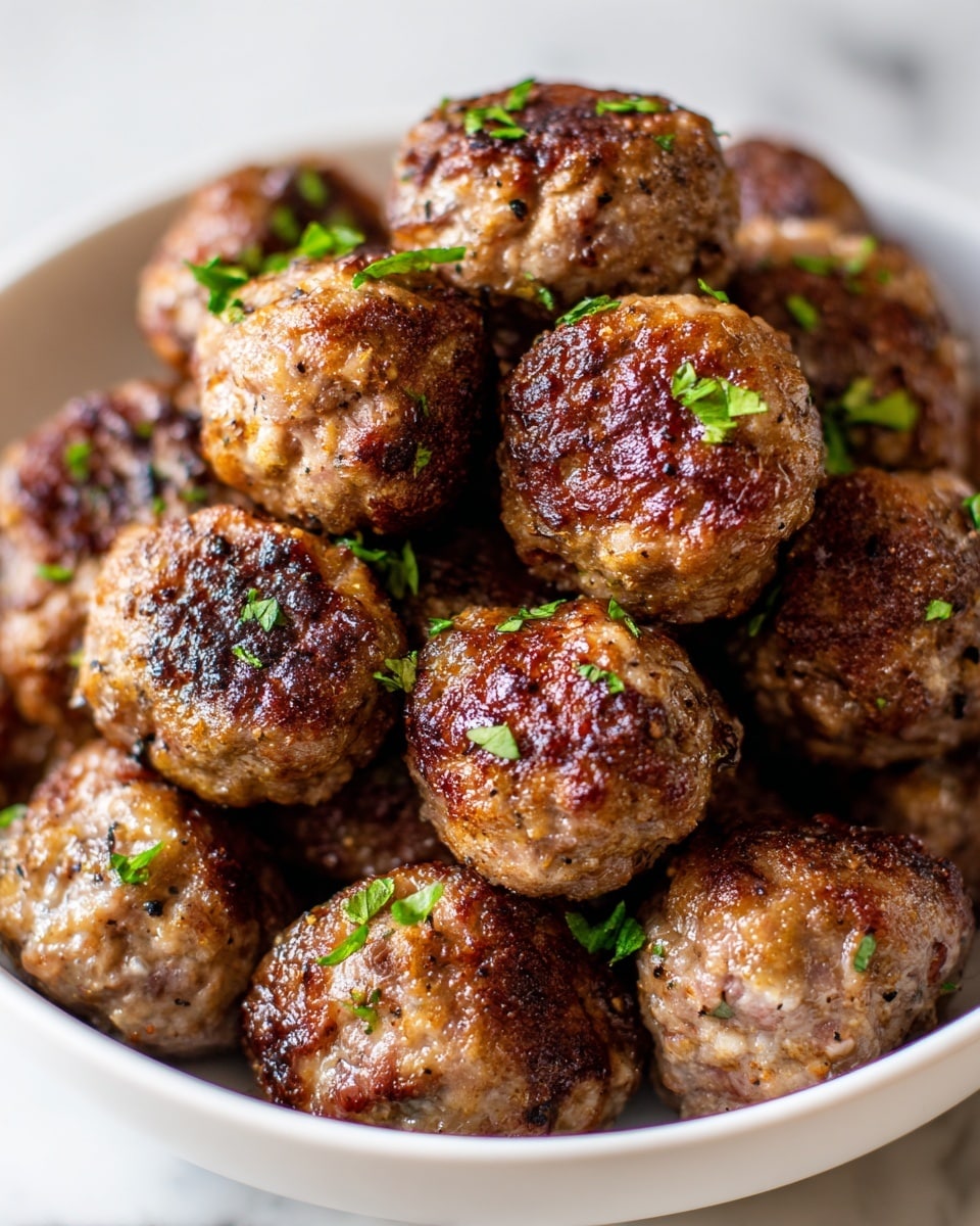 The image shows a close-up of round meatballs arranged in a white bowl on a white marbled surface. Each meatball has a browned, slightly crispy outer layer with visible small bits of onion mixed in and a rough, textured surface. Green herb leaves and small black pepper specks are sprinkled on top of the meatballs, adding fresh color and seasoning. The meatballs are clustered closely together, filling the bowl and creating a warm, appetizing look. Photo taken with an iphone --ar 4:5 --v 7