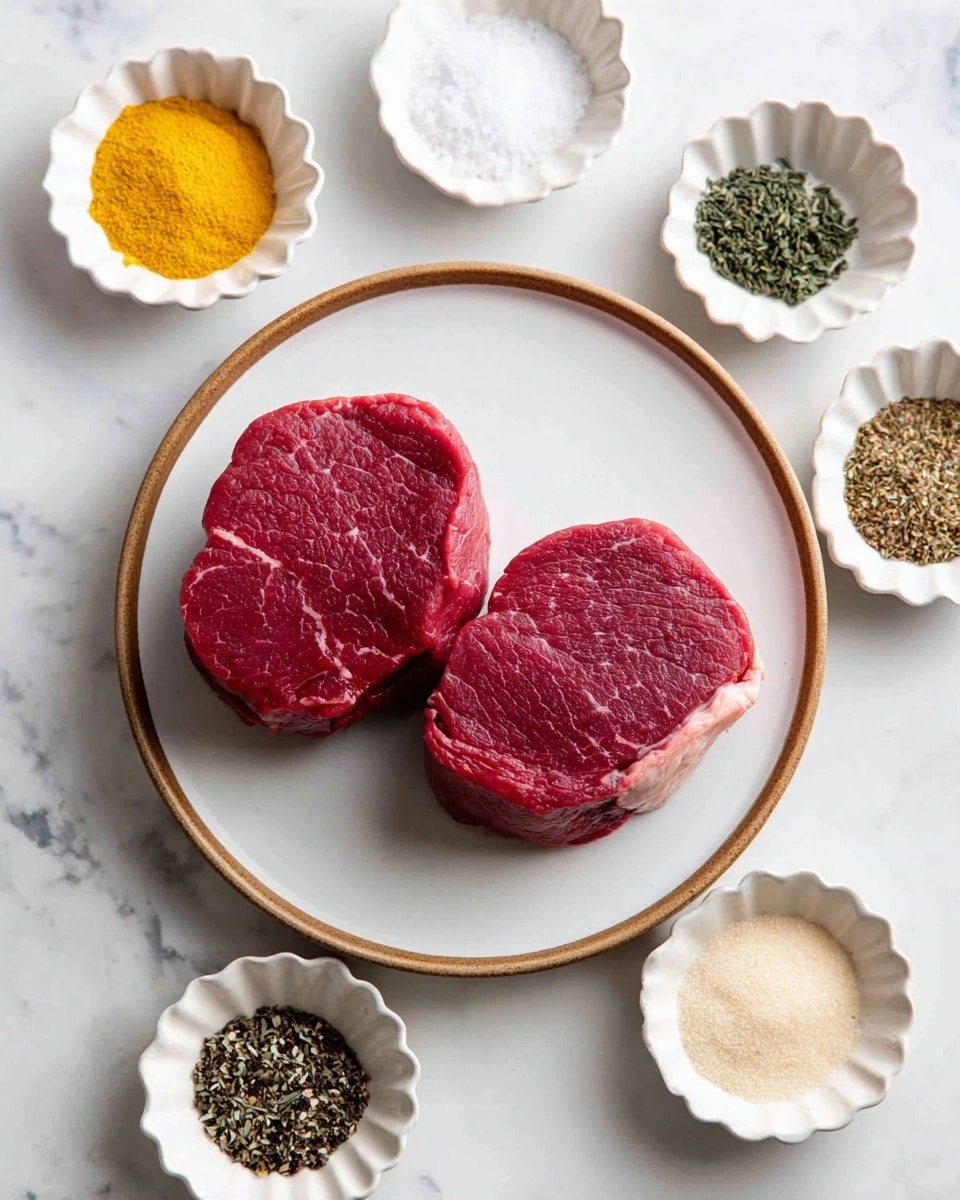 Two raw filet mignon steaks with deep red color and light marbling sit side by side in the center of a round white plate with a thin brown edge. Surrounding the plate on a white marbled surface are five small white scalloped bowls, each holding a different spice: bright yellow garlic powder, pale beige onion powder, pure white salt, black pepper, and dried thyme with greenish-brown leaves. Each bowl is labeled with black text. The scene has soft natural light and a clean look, photo taken with an iphone --ar 4:5 --v 7