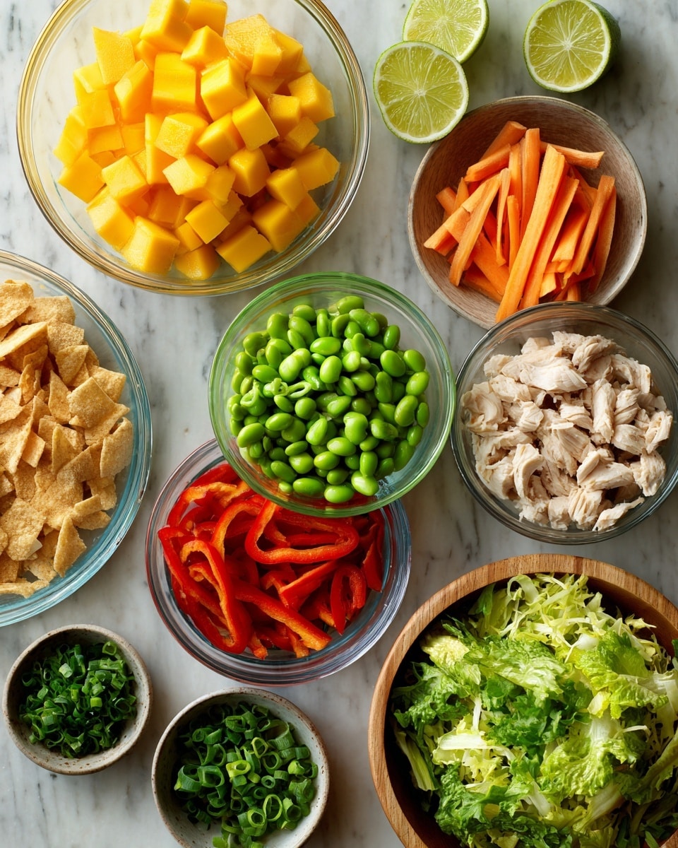 The image shows several clear glass bowls each holding different colorful ingredients on a white marbled surface. Starting from the top left, there is a bowl filled with bright orange chunks of mango. Next to it are three lime halves showing their pale green insides. To the right, another bowl holds thin orange carrot sticks. Below the mango bowl is a wooden bowl with pieces of light brown cooked chicken. In the middle of the image, a bowl contains bright green chopped spring onions, next to it is a bowl full of shiny green edamame beans. Below those, a bowl holds sliced red bell peppers in strips. On the bottom left, two small round dishes have chopped green herbs, and to the right at the bottom, a large wooden bowl is filled with mixed leafy greens including lettuce and shredded cabbage. Part of a plate with crispy golden brown snack pieces is also visible on the left. The setting is neat and bright. photo taken with an iphone --ar 4:5 --v 7