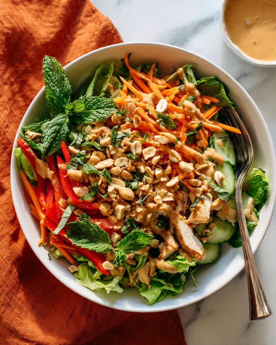 A white bowl filled with a colorful salad, layered with green leafy lettuce at the bottom, topped with strips of red bell pepper and thin cucumber slices. There are orange carrot sticks and chunks of light brown grilled chicken spread throughout. Crushed peanuts and crispy golden strips are scattered on top along with fresh green herbs like cilantro and mint leaves. The salad is drizzled with a creamy light brown dressing. A fork rests inside the bowl, and the bowl is placed on a white marbled surface next to an orange cloth. photo taken with an iphone --ar 4:5 --v 7