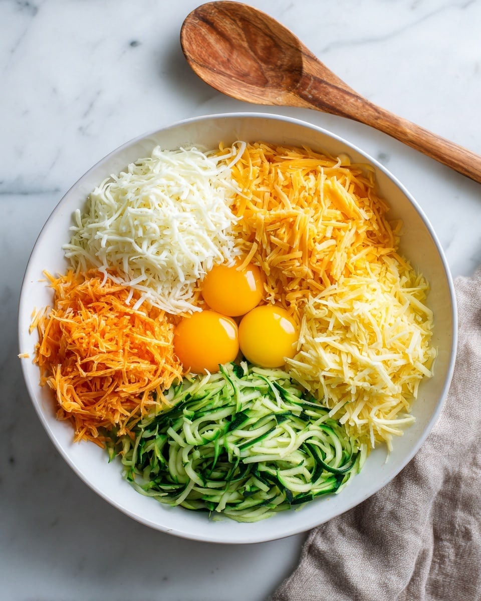A top view of a white bowl placed on a white marbled surface, inside it are four separate layers: shredded white cheese in the top left, shredded orange cheese in the top right, two raw yellow egg yolks on the right edge, shredded green zucchini in the bottom left, and finely grated light yellow cheese in the bottom right. To the left of the bowl, a wooden spoon lies flat on the surface, adding a natural texture contrast. photo taken with an iphone --ar 4:5 --v 7