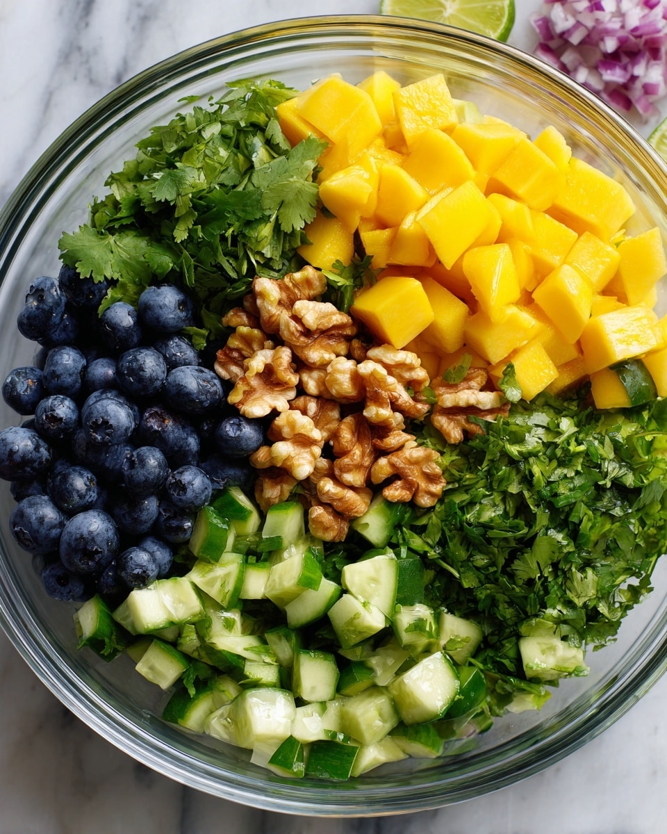 The image shows a close-up of a clear glass bowl filled with colorful layers of fresh salad ingredients on a white marbled surface. The bottom layer includes bright yellow mango cubes on one side, followed by chopped green cucumber pieces next to it. Scattered on top of the cucumber are whole blueberries mixed with small pieces of light brown walnuts. Fresh green cilantro leaves are placed over many parts of the salad, adding a leafy texture. In the background, there are blurred ingredients like a lime and diced red onions. The salad looks fresh and vibrant. photo taken with an iphone --ar 4:5 --v 7