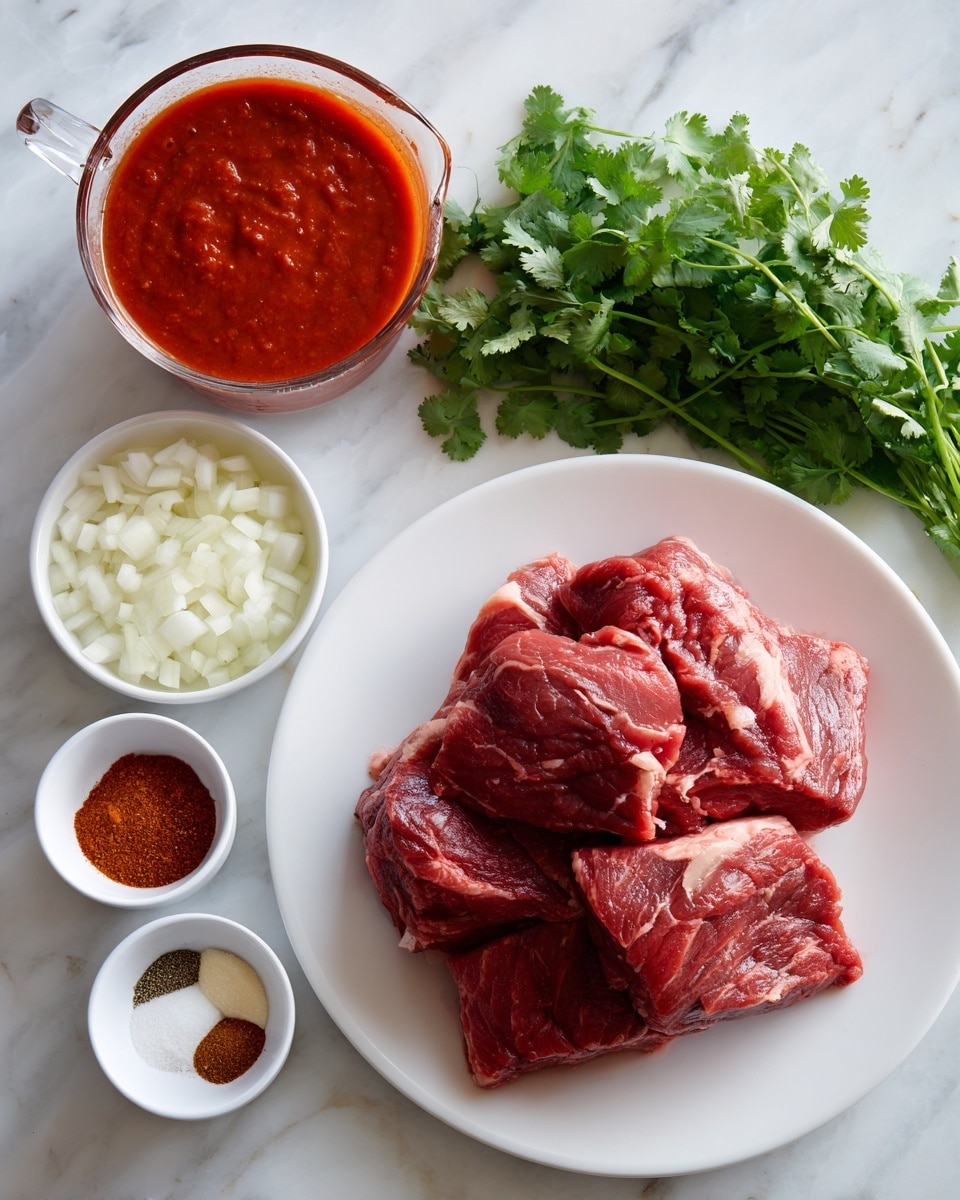 A white plate sits near the center bottom holding a large piece of raw, deep red meat with faint white marbling. Above to the left is a clear glass measuring cup filled with thick, smooth red tomato sauce. Nearby are three small white bowls; the top one contains finely chopped white and light purple onions, the middle one holds minced pale yellow garlic, and the right bowl is divided into four parts with different spices in shades of brown, red, and white. To the right of the plate is a small bunch of fresh green cilantro with leafy stems. All items rest on a white marbled surface. photo taken with an iphone --ar 4:5 --v 7