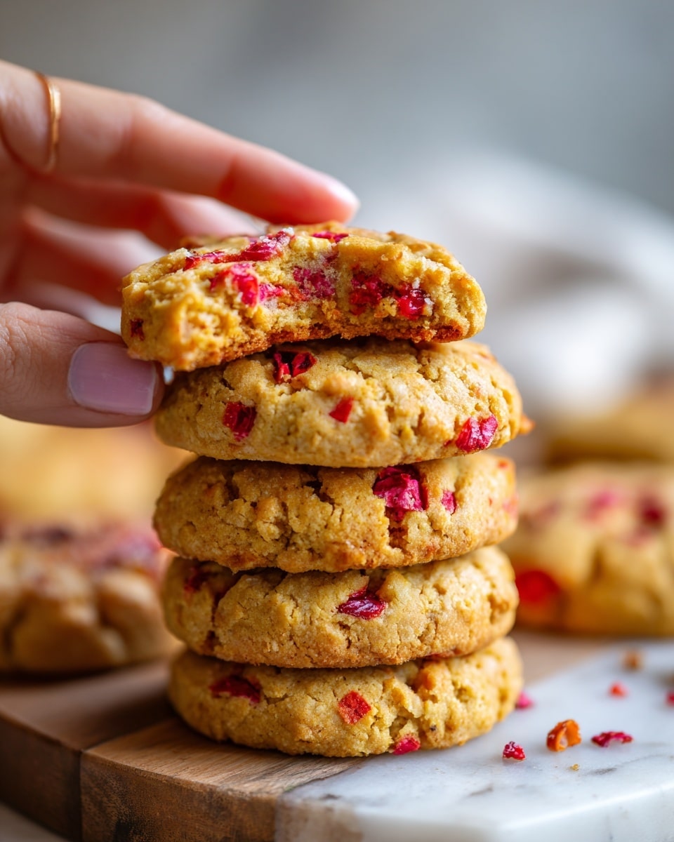 A woman's hand holds a stack of five cookies, each cookie golden brown with a slightly rough texture and bright red pieces spread throughout. The cookies appear soft and thick, with slight cracks on the surface showing their baked nature. In the blurry background, additional cookies rest on a wooden surface, all set on a white marbled texture. The lighting is bright and natural, making the colors look fresh and warm. photo taken with an iphone --ar 4:5 --v 7