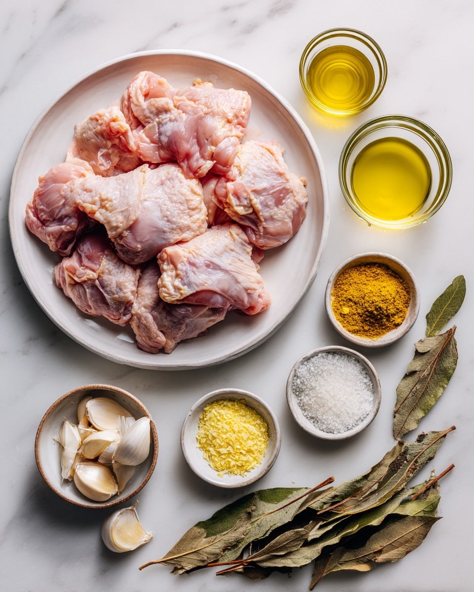 A white plate full of raw pink chicken thighs sits to the left on a white marbled surface. Around the plate, there are small clear glass bowls with golden olive oil, yellow mustard, bright yellow lemon zest, and coarse white salt. Below the mustard bowl, multiple whole garlic cloves are spread out. To the right of the bowls, two dried herb sprigs with greenish-brown leaves lie flat on the surface. photo taken with an iphone --ar 4:5 --v 7