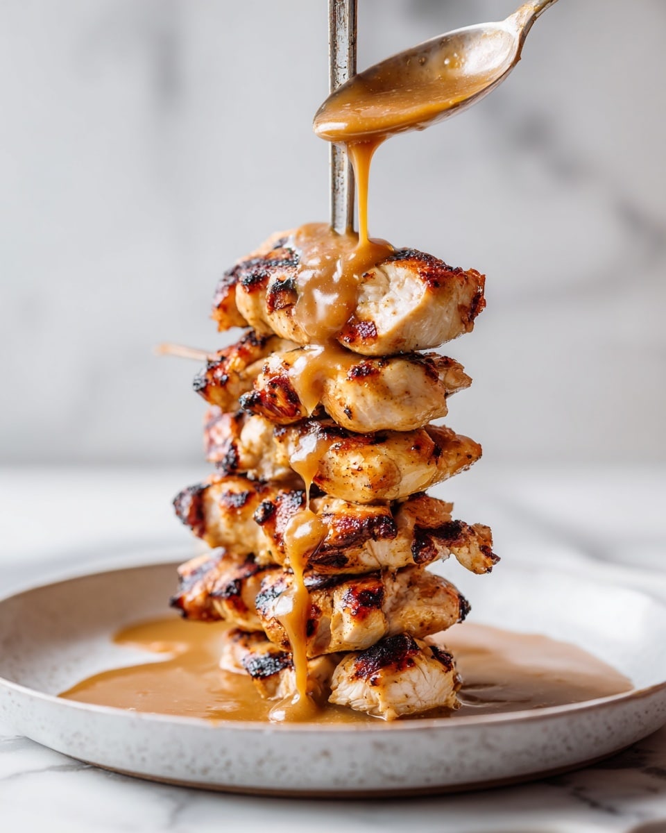 A tall stack of grilled chicken layers with a golden-brown color and some charred edges is placed in the center of a round white pan. The chicken pieces are uneven and juicy, each layer slightly overlapping the one below. A metal skewer stands upright through the middle of the stack. A spoon held by a woman's hand is pouring a shiny, brown sauce over the top layer, with the sauce dripping in mid-air. The pan is filled with the same sauce, which pools around the base of the chicken stack. The whole scene is set on a white marbled surface. photo taken with an iphone --ar 4:5 --v 7