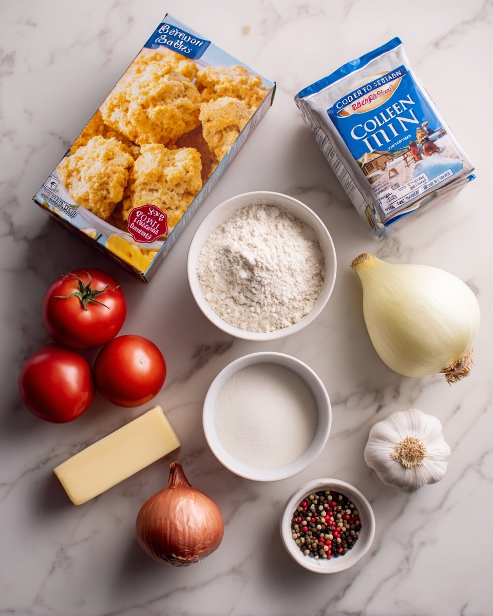 The image shows several cooking ingredients placed neatly on a white marbled surface. On the left, there is a box of Red Lobster Cheddar Bay Biscuit Mix with an image of golden, textured biscuits on it. Next to it on the right is a blue and white carton of College Inn chicken stock. Below these, from left to right, are a can of Bowl & Basket peeled whole tomatoes with a red tomato picture, a small white bowl filled with white flour, a small white bowl of white granulated sugar, a whole yellow onion, a small garlic bulb, a stick of unsalted butter in yellow wrapper, a small white bowl of coarse pink salt, and a small white bowl of mixed peppercorns with black, red, and green colors. The items are all clearly visible and arranged in a tidy grid. photo taken with an iphone --ar 4:5 --v 7