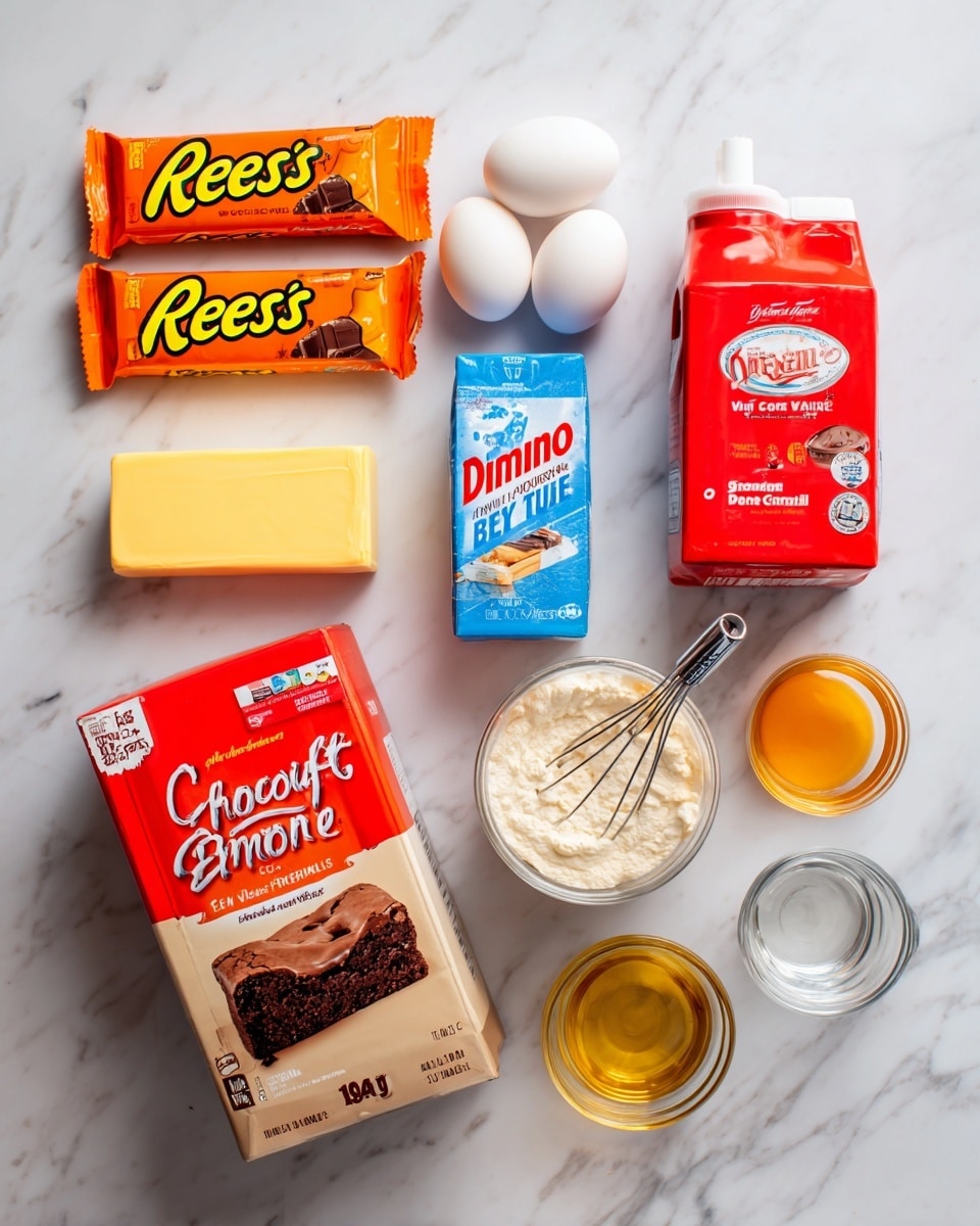 The image shows ingredients for a dessert arranged neatly on a white marbled surface. There are two orange Reese's Peanut Butter Cups packages placed horizontally at the top left, with two white eggs next to them on the right. Below the eggs is a yellow stick of unsalted butter. To the left under the Reese's is a red box of Duncan Hines Chewy Fudge Brownie Mix. Next to the brownie mix on the right is a white and blue box of Domino powdered sugar. On the far right side is a red carton of Great Value heavy whipping cream with a silver whisk inside a transparent bowl shown on the carton. Below the brownie mix, there is a jar of Jif creamy peanut butter with a red lid. Next to it are two glass measuring cups, one with a yellow oil and the other with clear water. On the far right at the bottom is a small red and white container of McCormick pure vanilla extract. Photo taken with an iphone --ar 4:5 --v 7