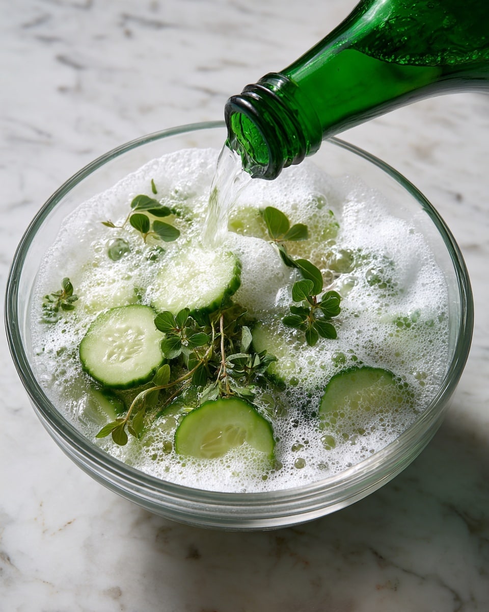 In the clear glass bowl, there are several pieces of pale green sliced cucumbers at the bottom, surrounded by white frothy bubbles forming on the surface. Small dark green herb leaves are scattered evenly across the bubbles, giving a fresh contrast to the light green cucumbers and white foam. A green plastic bottle is tilted over the bowl, pouring a clear liquid onto the cucumbers, creating bubbles and foam as it mixes. The bowl sits on a white marbled texture surface, adding subtle patterns around the bright, fresh ingredients. photo taken with an iphone --ar 4:5 --v 7
