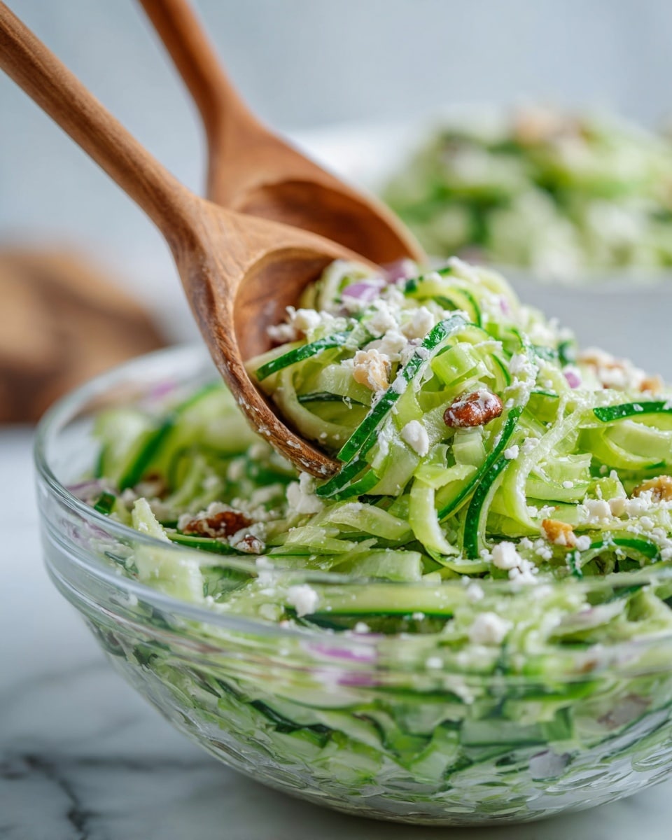 A close-up of a clear glass bowl filled with a fresh celery salad, showing many layers of bright green celery slices with a crunchy texture, interspersed with small pieces of light purple shallots, golden raisins, and light brown chopped nuts, all topped with a white crumbly cheese or seasoning. Two wooden spoons are lifting a portion of the salad, capturing its fresh and mixed texture, with a white bowl and wooden table in the blurry background over a white marbled surface. Photo taken with an iphone --ar 4:5 --v 7